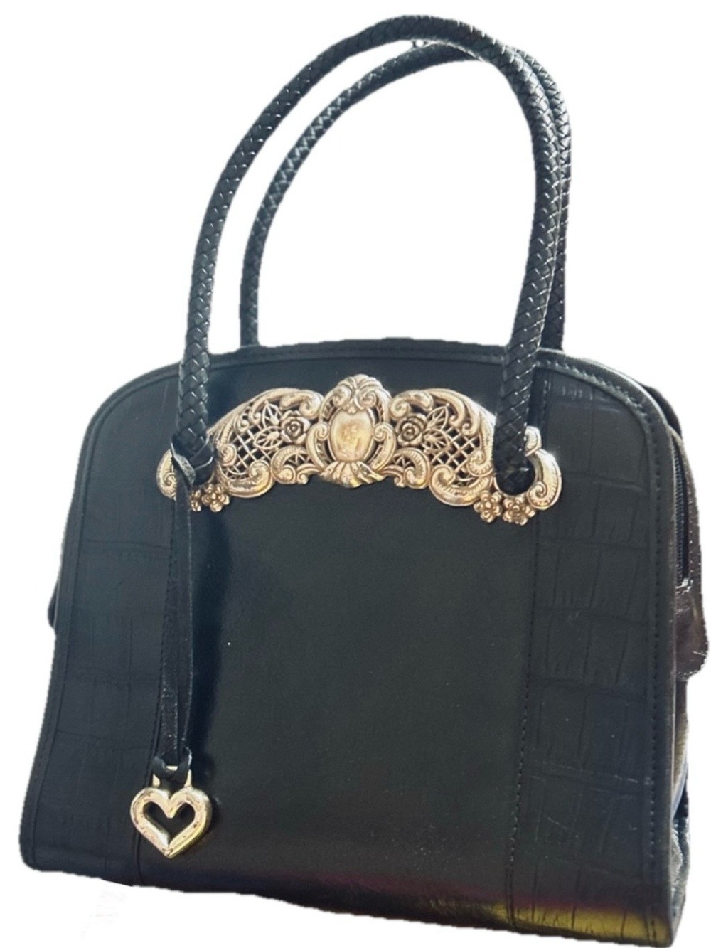 Brighton Black Leather Top-Handle Satchel with Gold Filigree